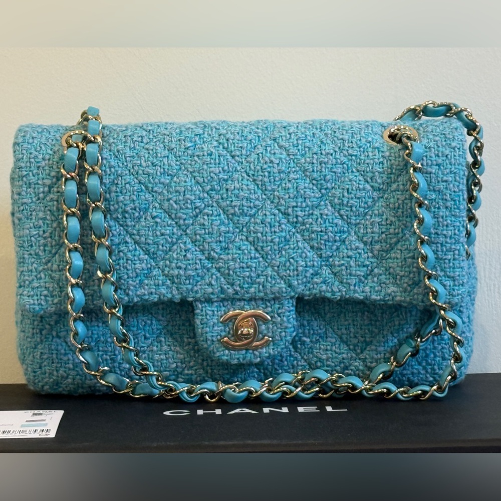CHANEL Turquoise Tweed Quilted Medium Flap Bag